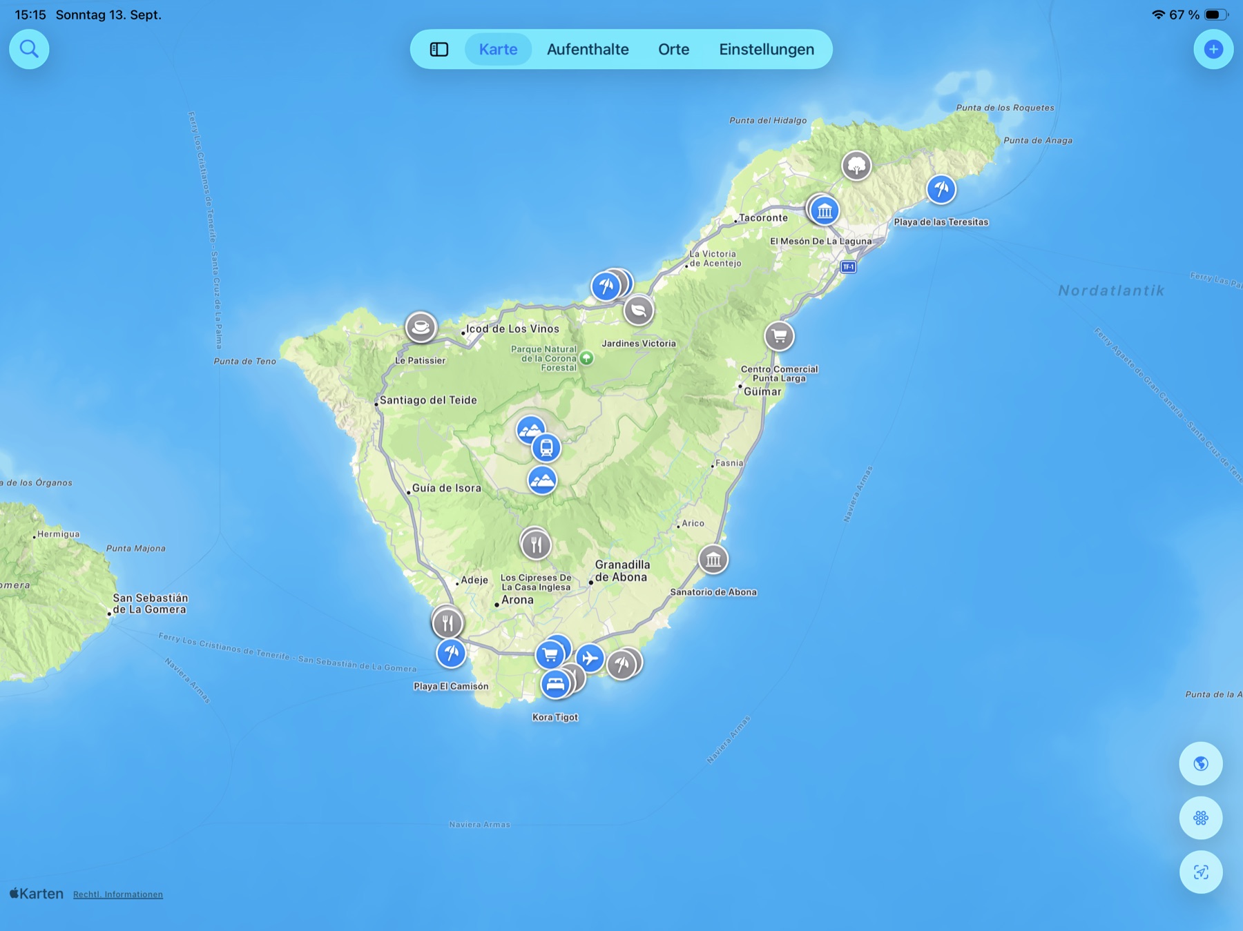 GeoLicious auf dem iPad: Karte von Teneriffa mit gespeicherten Orten