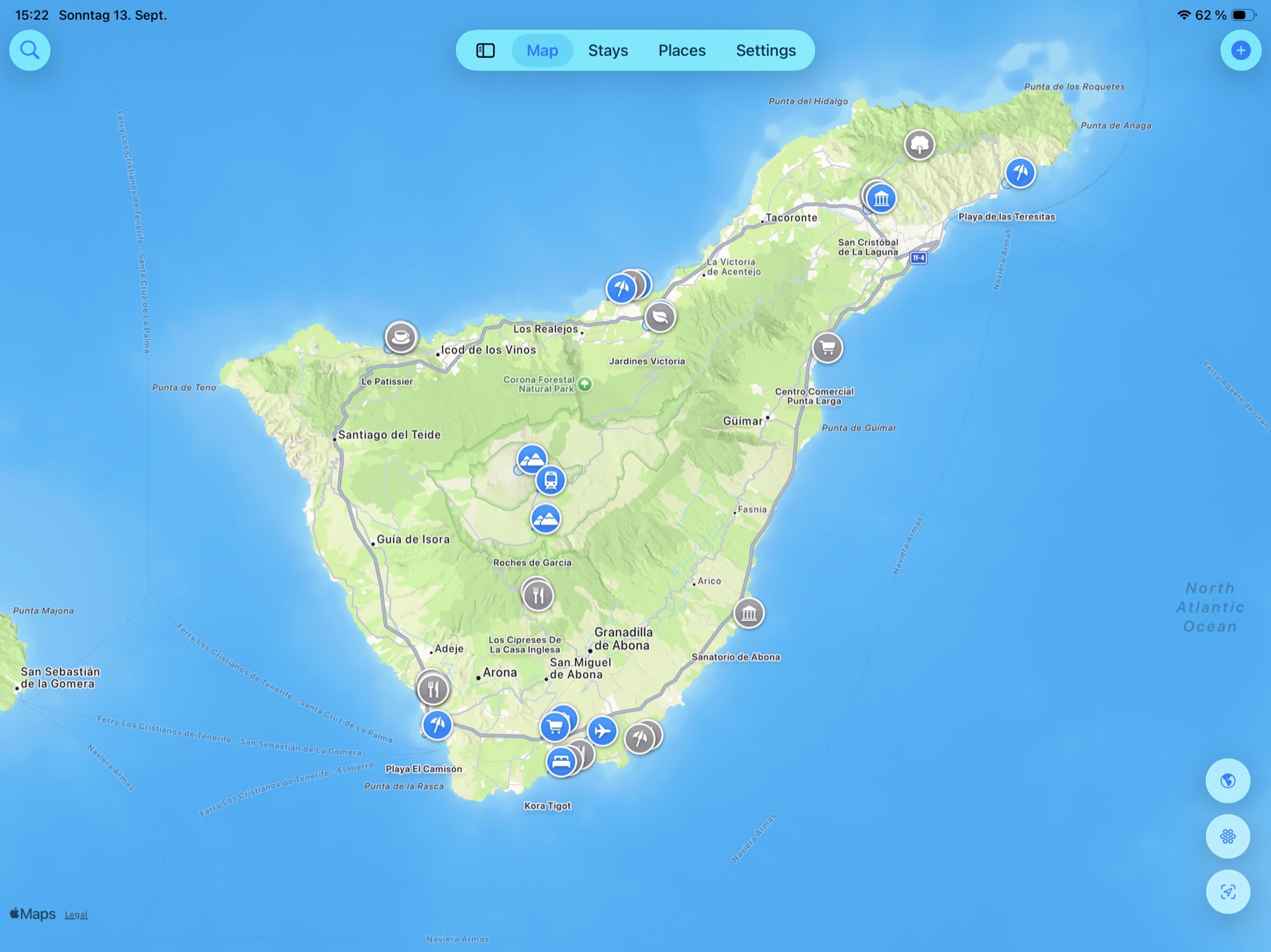 GeoLicious on iPad: a map of Tenerife with saved places