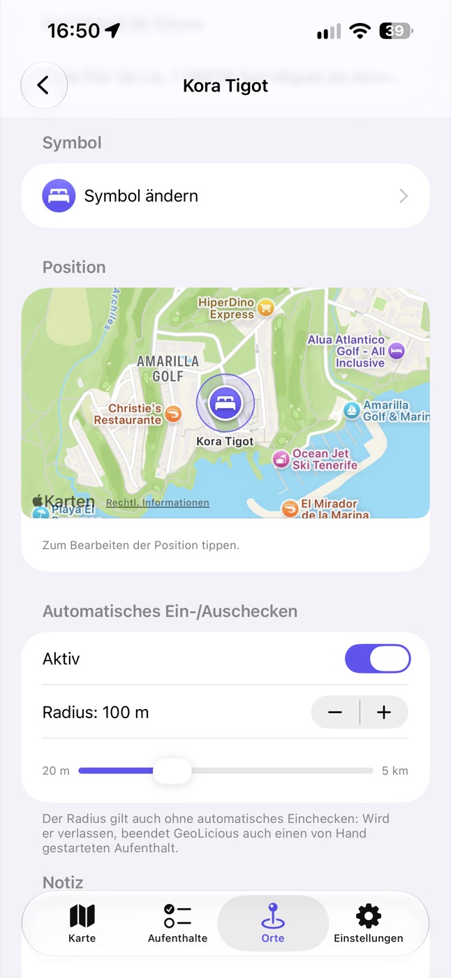 Ort mit Radius und eingeschaltetem automatischem Ein- und Auschecken