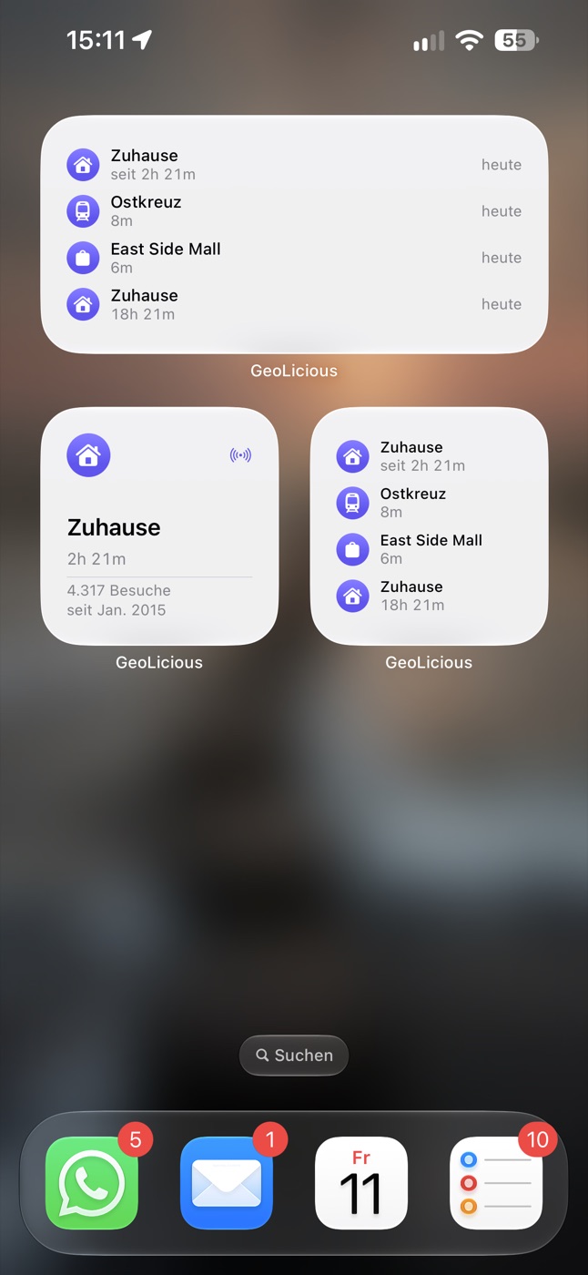 Home-Bildschirm mit den Widgets von GeoLicious